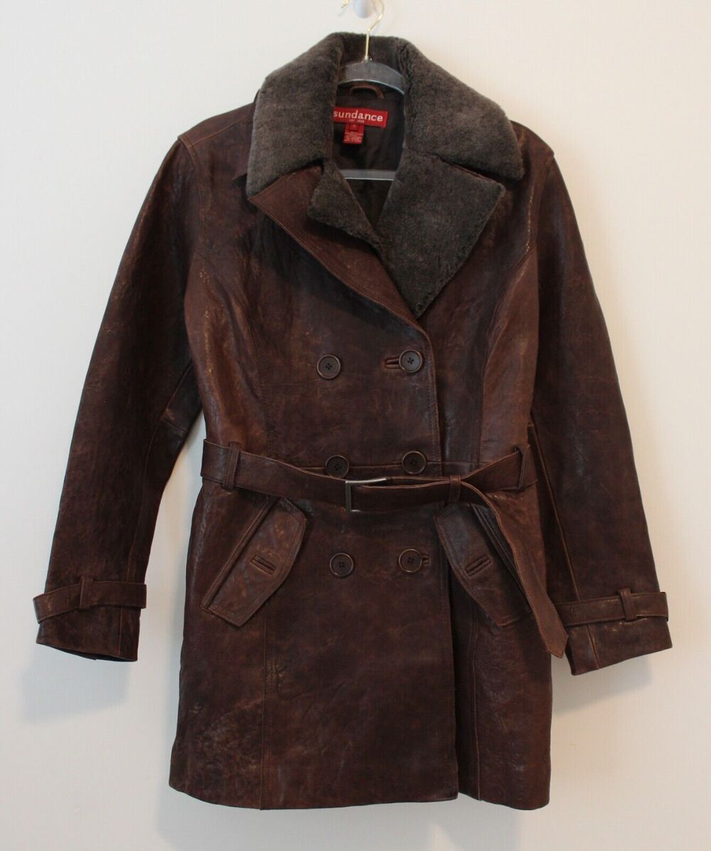 Sundance Womens Tumbled Leather Belted Coat Size Small Pre-Owned